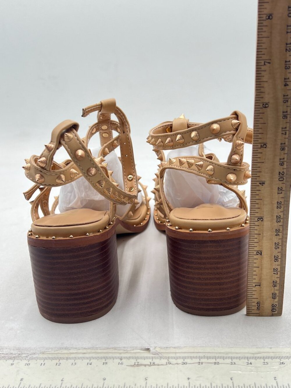 YDN Tan Sexy Strappy Sandals Open Toe Buckle Rivet Gladiator Chunky Heels Shoes - Picture 5 of 8